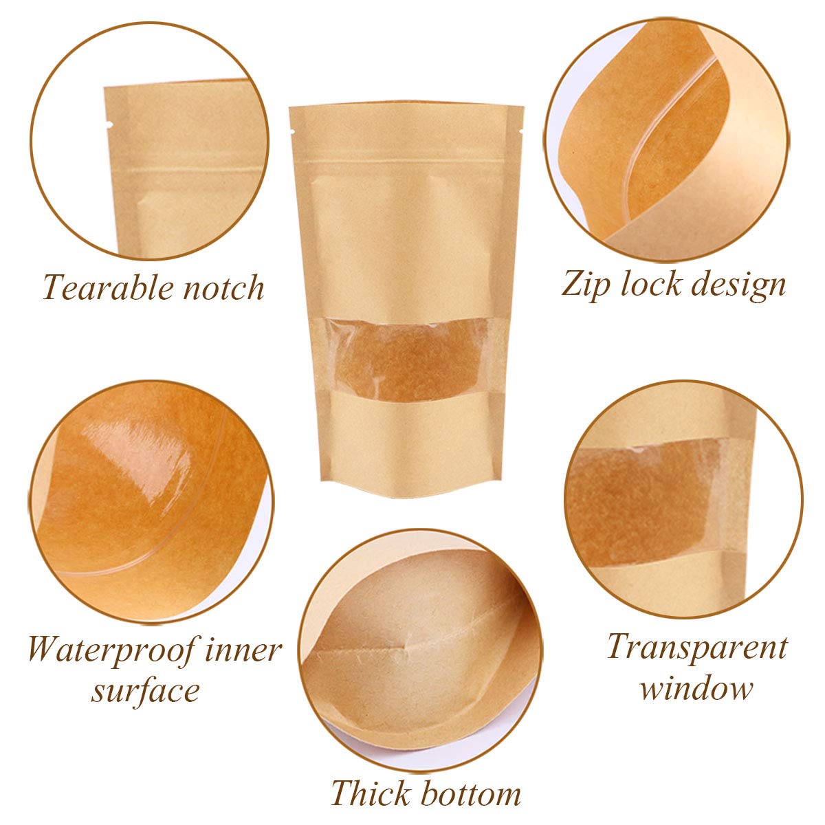 Stand Up Pouches 100pcs, 7.8''×4.6'' Resealable Bags for Small Business, Resealable Kraft Paper Bags with Window, Paper Bakery Bag for Small Business, Family, Company