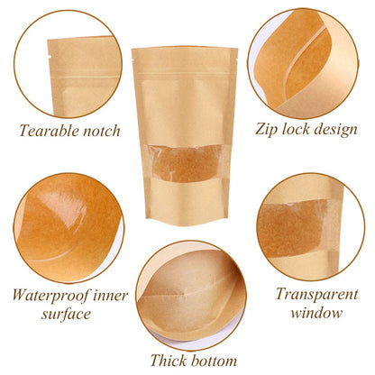 Stand Up Pouches 100pcs, 7.8''×4.6'' Resealable Bags for Small Business, Resealable Kraft Paper Bags with Window, Paper Bakery Bag for Small Business, Family, Company