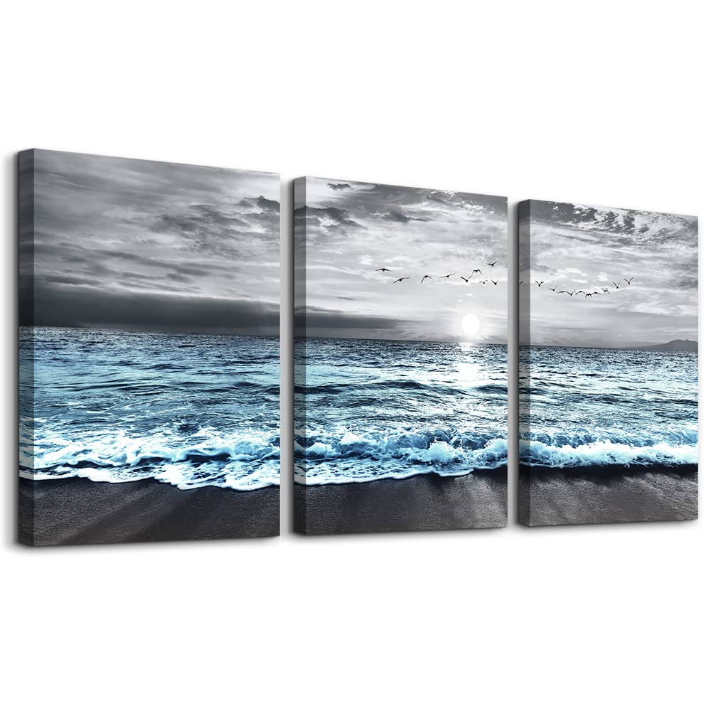 Wall Decorations For Living Room 3 Piece Framed Canvas Wall Art For Bedroom Office Wall Decor Black And White Beach Wall Painting Blue Ocean Wave Pictures Artwork Modern Posters Home Decor