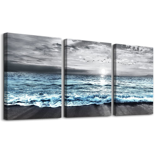 Wall Decorations For Living Room 3 Piece Framed Canvas Wall Art For Bedroom Office Wall Decor Black And White Beach Wall Painting Blue Ocean Wave Pictures Artwork Modern Posters Home Decor
