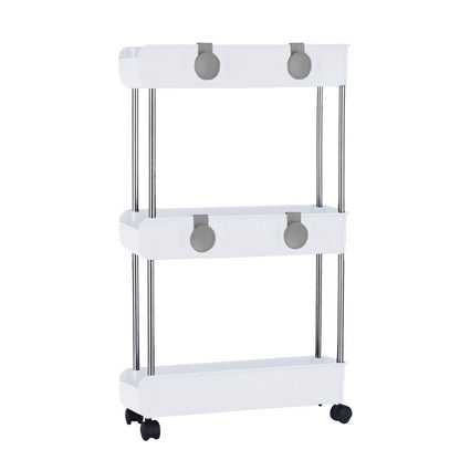 3-Tier Slim Mobile Shelving Unit on Wheels, Slide Out Rolling Bathroom Storage Organizer, Utility Carts Shelf Rack for Kitchen Bathroom Laundry Room Narrow Places, White