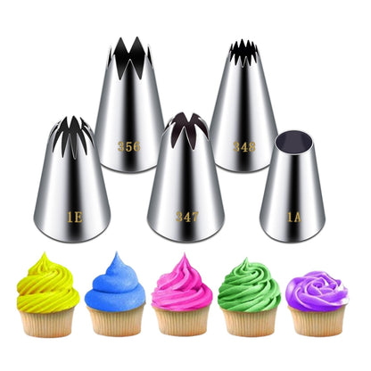 Large Piping Tips Set, Stainless Steel Frosting Piping Kit, 5 Pieces Pastry Cake Decorating Tips Baking Tools for Cookies Cupcake Decorating Kit (1A 1E 348 347 356)