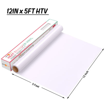 HTV Vinyl Rolls Heat Transfer Vinyl - 12" x 5ft White HTV Vinyl for Shirts, Iron on Vinyl for All Cutter Machine - Easy to Cut & Weed for Heat Vinyl Design (White)
