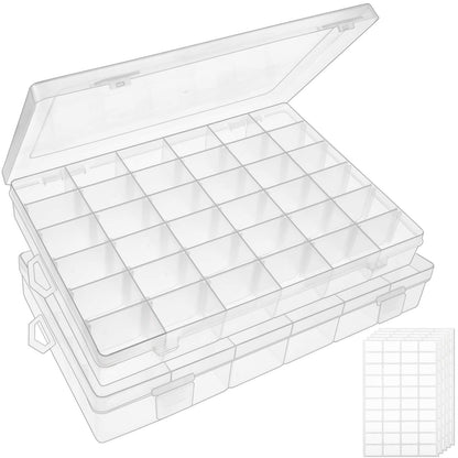 2 Pack 36 Grids Clear Plastic Bead Organizer Box, Fishing Tackle Box Compartment Organizer with Adjustable Dividers for Jewelry, Art Craft, Bead Storage Containers with 5 Sheets Label Stickers