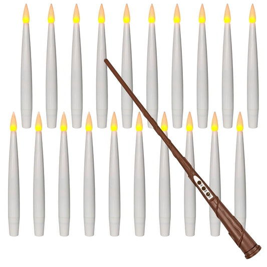Floating Candles with Magic Wand Remote (6/18H Timer), 20pcs 6.1” Hanging Flameless Taper Candles, Flickering Warm Light, Halloween Christmas Classroom Windows Wedding Party Decor(White)