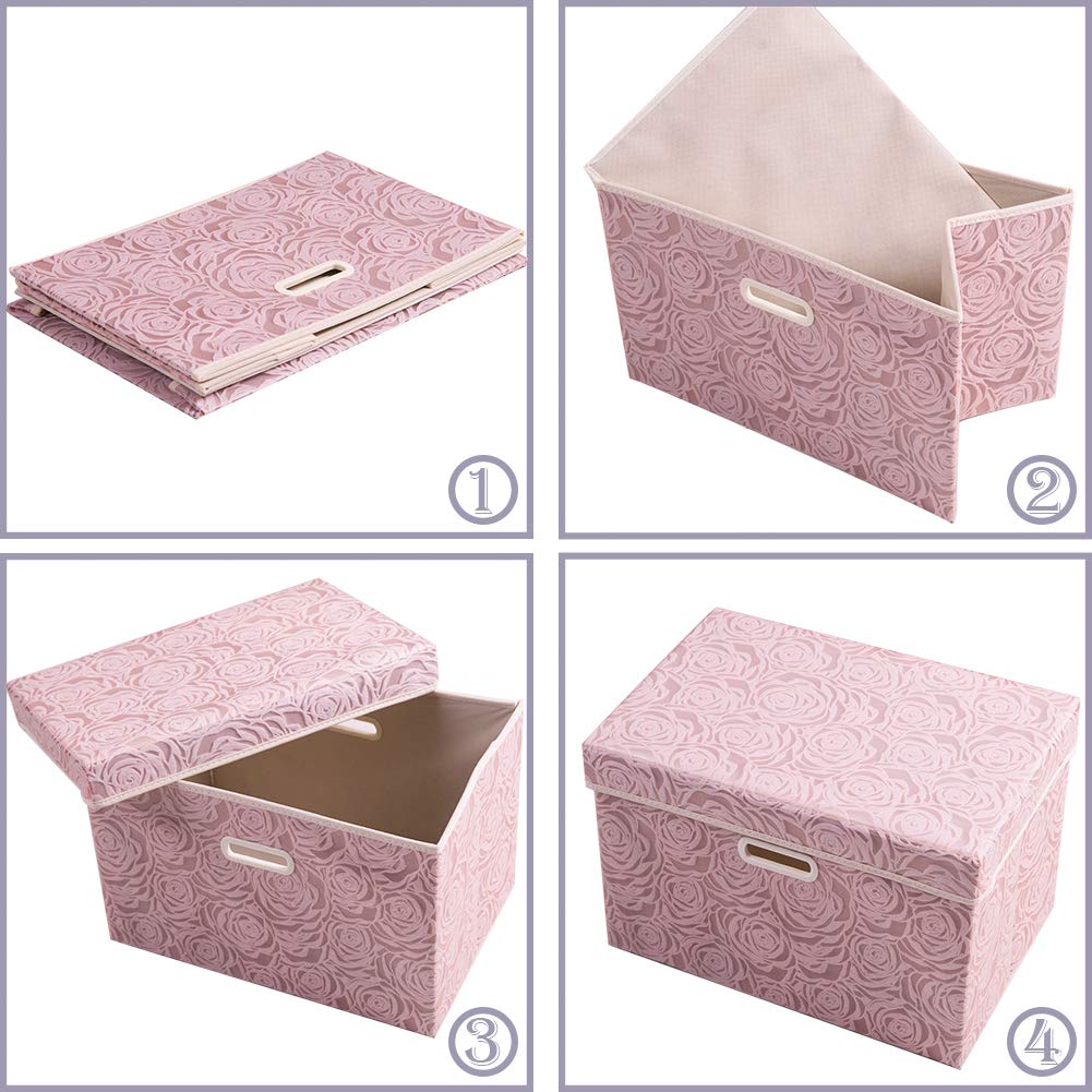 Larger Collapsible Storage Boxes with Lids Fabric Decorative Bins Cubes Organizer Containers Baskets Handles Divider for Bedroom Closet Living Room Pink 17.7x11.8x11.8 Inch 3 Pack