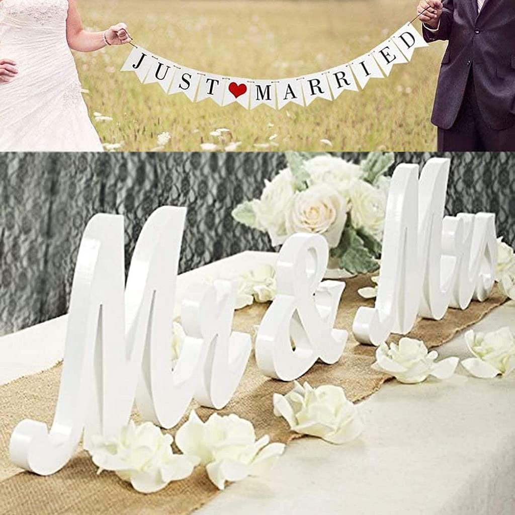 Mr and Mrs Sign for Wedding Table,Large White Mr and Mrs Sign,Wooden Letters,Mr & Miss Sign with Just Married Banner Wedding Decorations for Anniversary