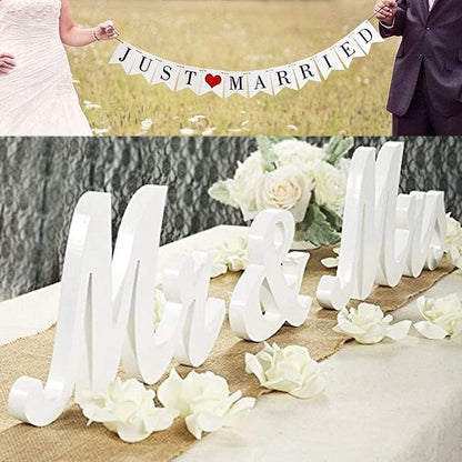 Mr and Mrs Sign for Wedding Table,Large White Mr and Mrs Sign,Wooden Letters,Mr & Miss Sign with Just Married Banner Wedding Decorations for Anniversary