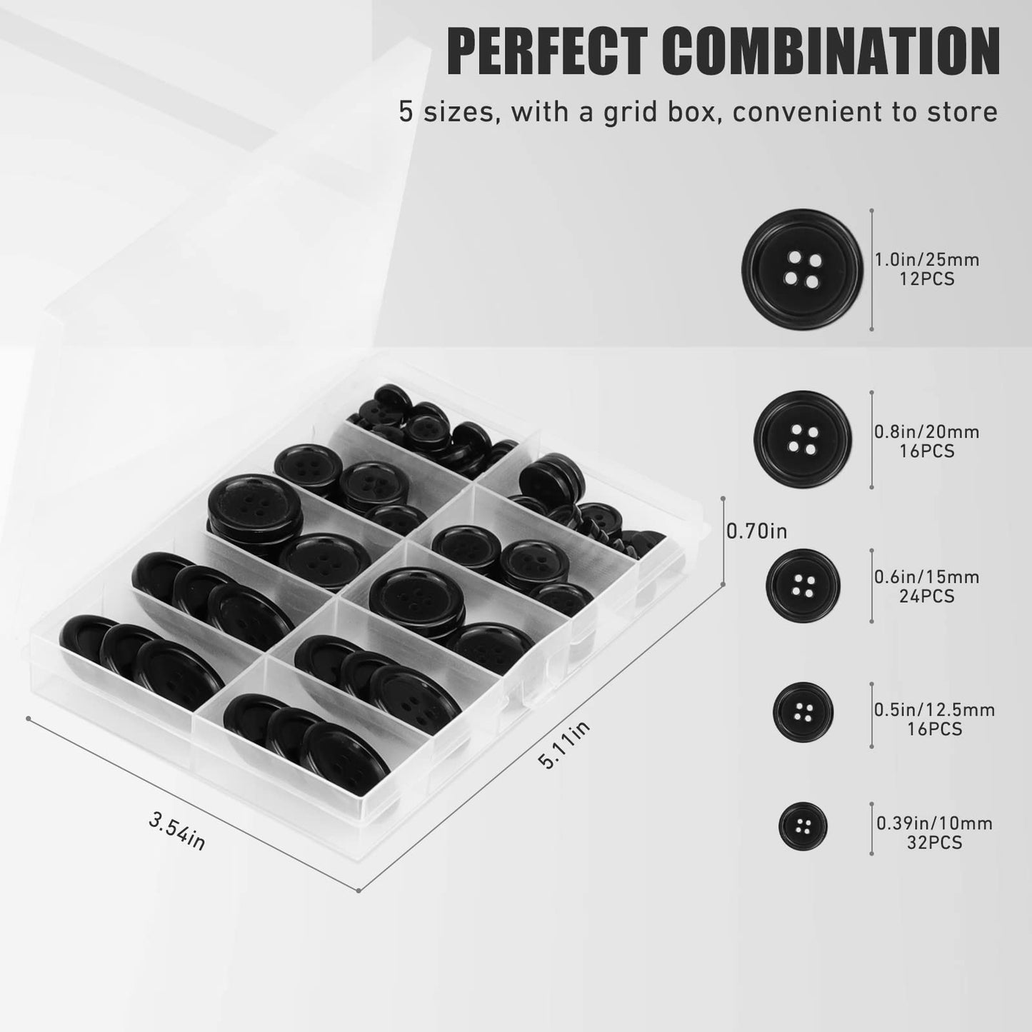 100 Pcs Black Resin Sewing Buttons, 4-Hole Craft Suit Coat Shirt Buttons, 5 Sizes, Round Mixed, with Compartment Storage Box, Suitable for Sewing, DIY and Holiday Decoration