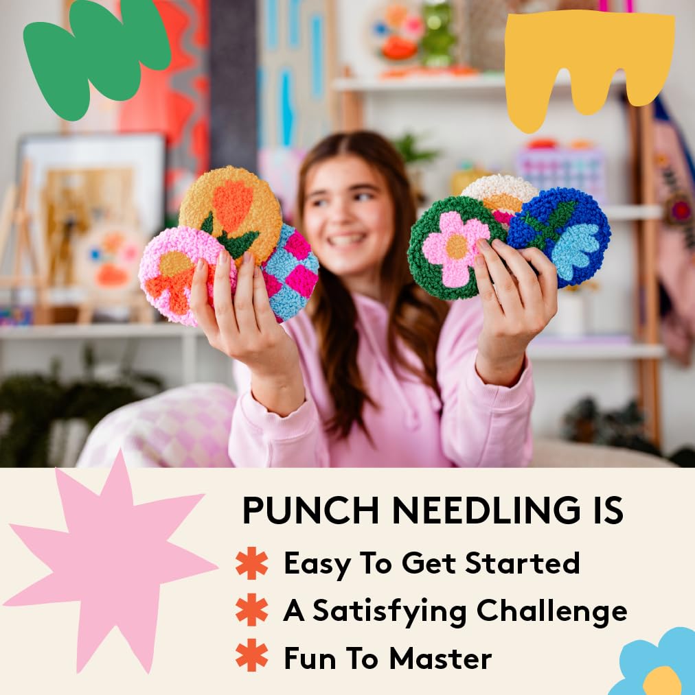 Punch Needle Kit, Set of 6 Coasters, Includes Beginner Video Tutorials and Instructions, Beginner Punch Stitch for Adults, Mug Rug Punch Needle Kit,