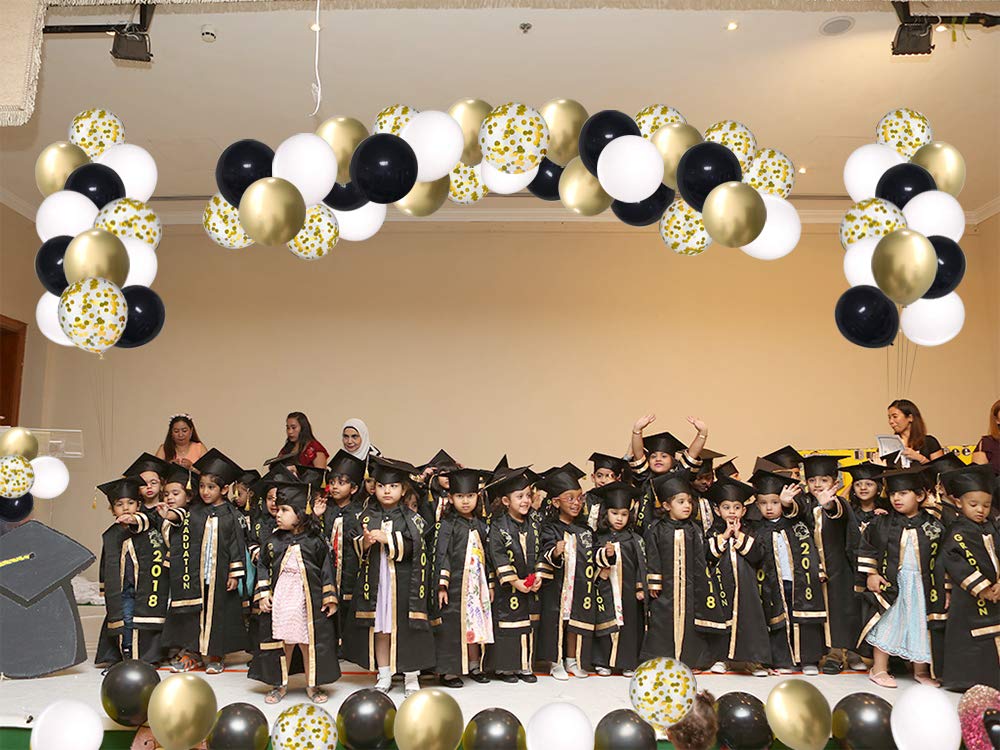 Black and Gold Confetti Balloons, 50 Pack 12inch White Latex Party Balloon Set with Gold Ribbon for New Year Graduation Birthday Baby Shower Decorations