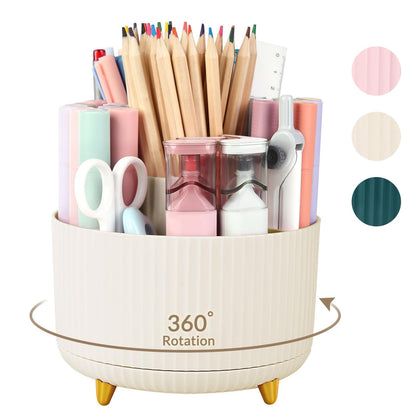 360 Degree Rotating Desk Organizer, Dual-Purpose Pencil Pen Holder for Desk, Rotating Desk Pen Organizer with 5 Slots, Pencil Cup for Office, School, Home Beige