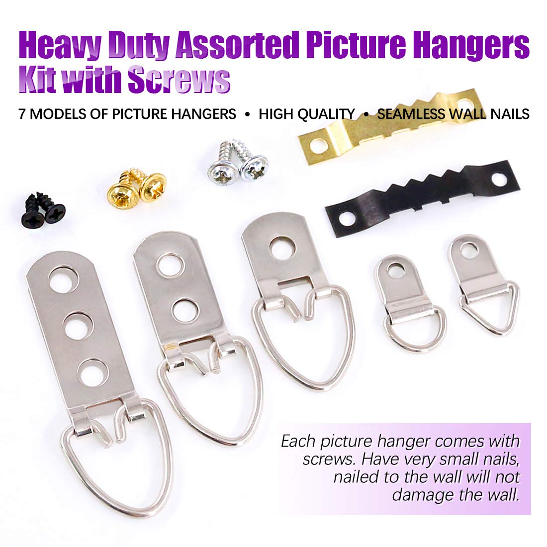 415Pcs Picture Hangers Kit with Screws, Heavy Duty Assorted Picture Hangers Assortment Kit for Picture Hanging Solutions with Transparent Box - 7 Models