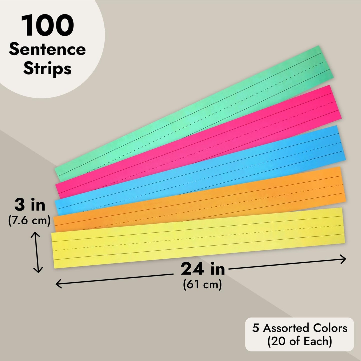 Colored Sentence Strips for Teacher Supplies, Classroom, Lined Paper Borders for Writing Words (5 Colors, 3 x 24 Inch) - 100 Pack