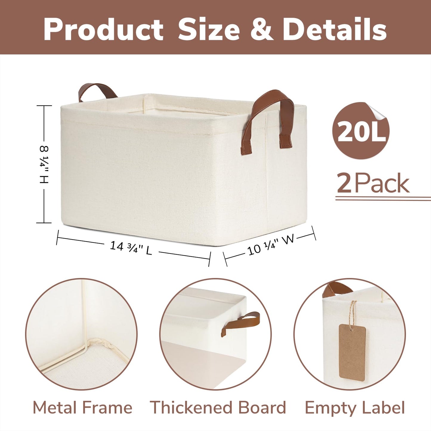 Storage Bins for Shelves, Closet Bins for Organization, Collapsible Storage Baskets for Towels, Rectangle Basket for Bedroom, 14 ¾" L x 10 ¼" W x 8 ¼" H, Beige, 2-Pack