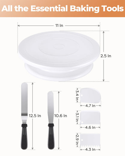 Cake Decorating Kit Baking Supplies Cake Turntable with 2 Frosting Straight Angled Spatula 3 Icing Smoother Scrapers Baking Accessories Tools for Beginners and Pros, White