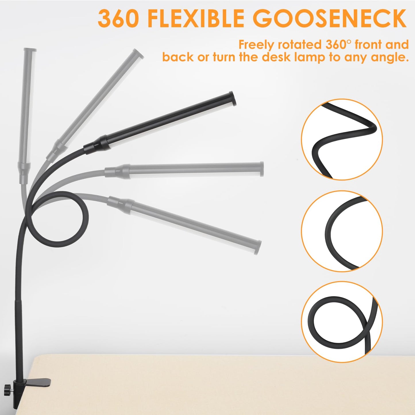 LED Desk lamp with Clamp, Eye-Caring Clip Lights for Home Office, 3 Colors Full Brightness, Flexible Gooseneck USB Adapter Table Lamp, Black