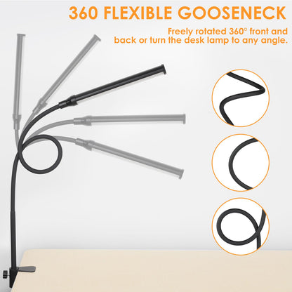 LED Desk lamp with Clamp, Eye-Caring Clip Lights for Home Office, 3 Colors Full Brightness, Flexible Gooseneck USB Adapter Table Lamp, Black