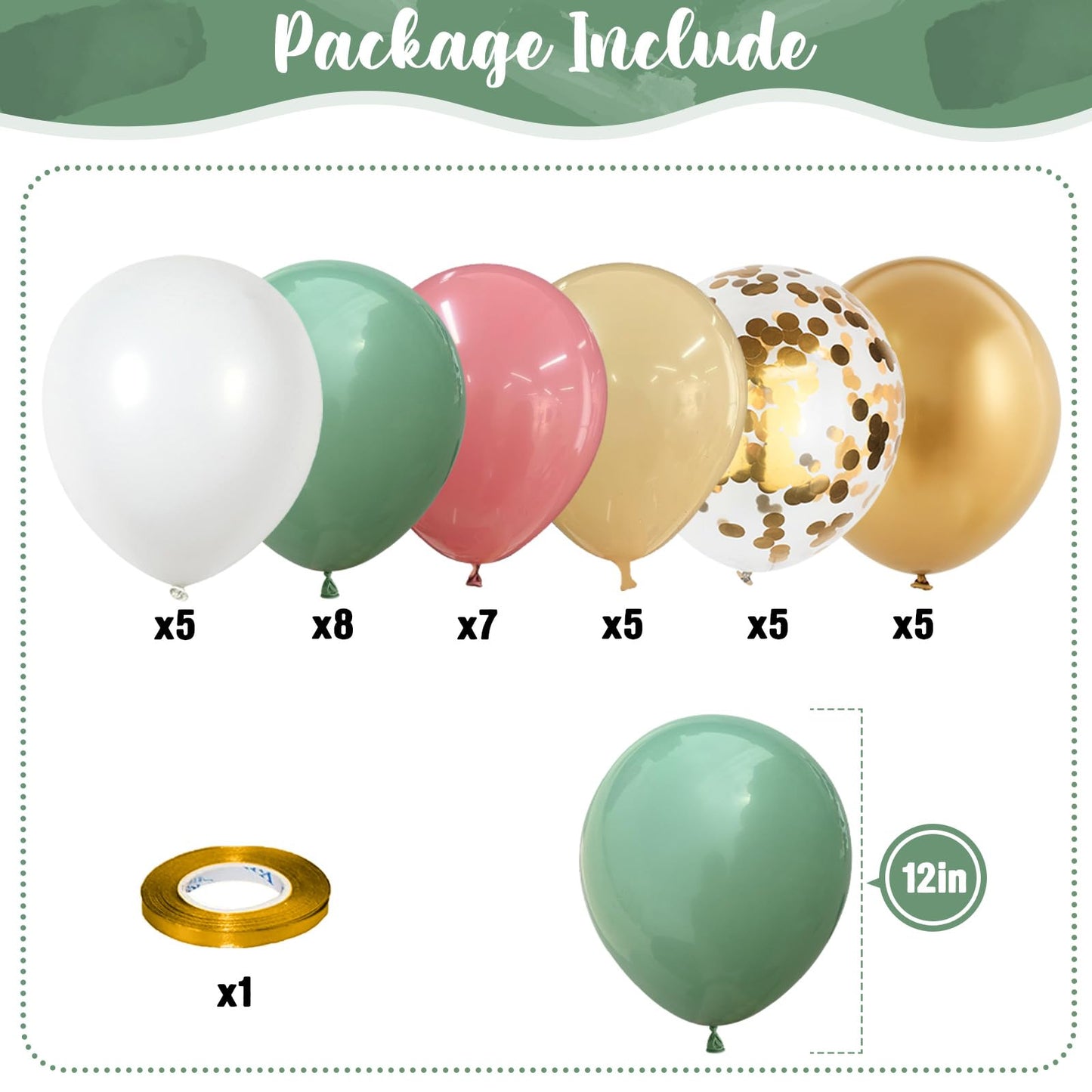 Retro Dusty Pink Sage Green Metallic Gold Latex Balloons, 35pcs Set - Olive Green Pink White Gold Confetti for Girls Jungle Birthday Baby Shower Wedding Party Decoration