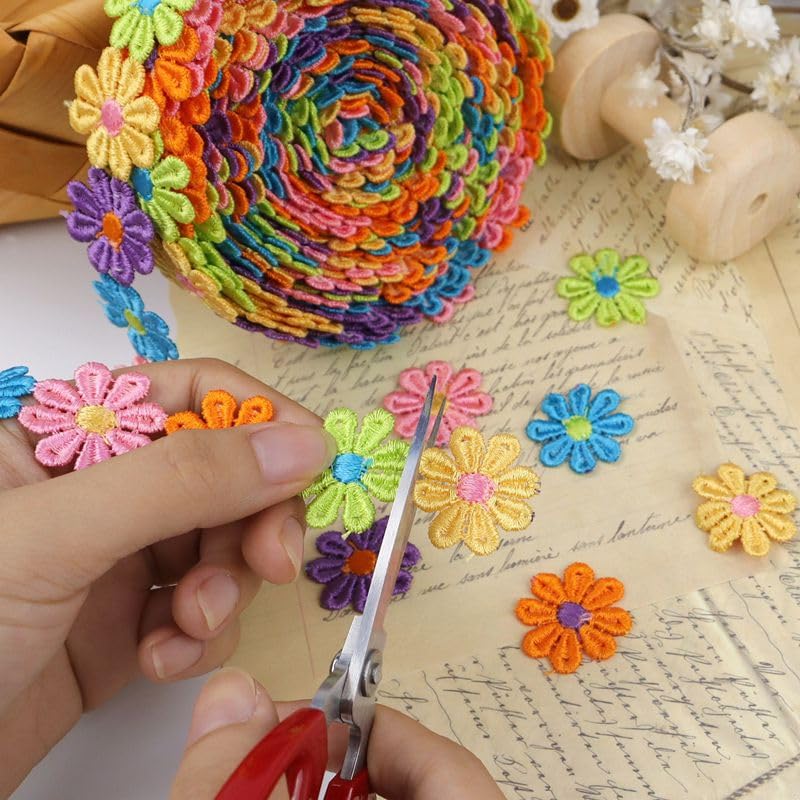 Daisy Flower Lace Trim Embroidered DIY Handmade Patchwork Ribbon Sewing Supplies Crafts 2.5CM Wide 7Yards Colorful