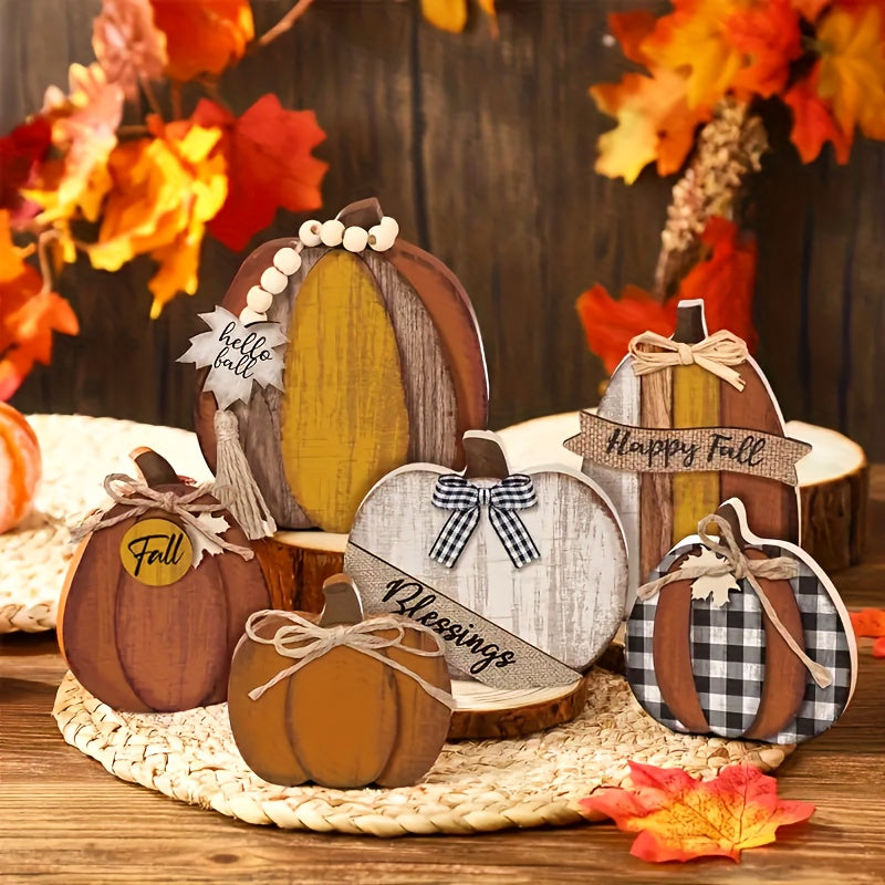 Set of 6 Wooden Fall Tiered Tray Decor - Rustic Pumpkin & Autumn Sign Set for Farmhouse Thanksgiving Tabletop Displays