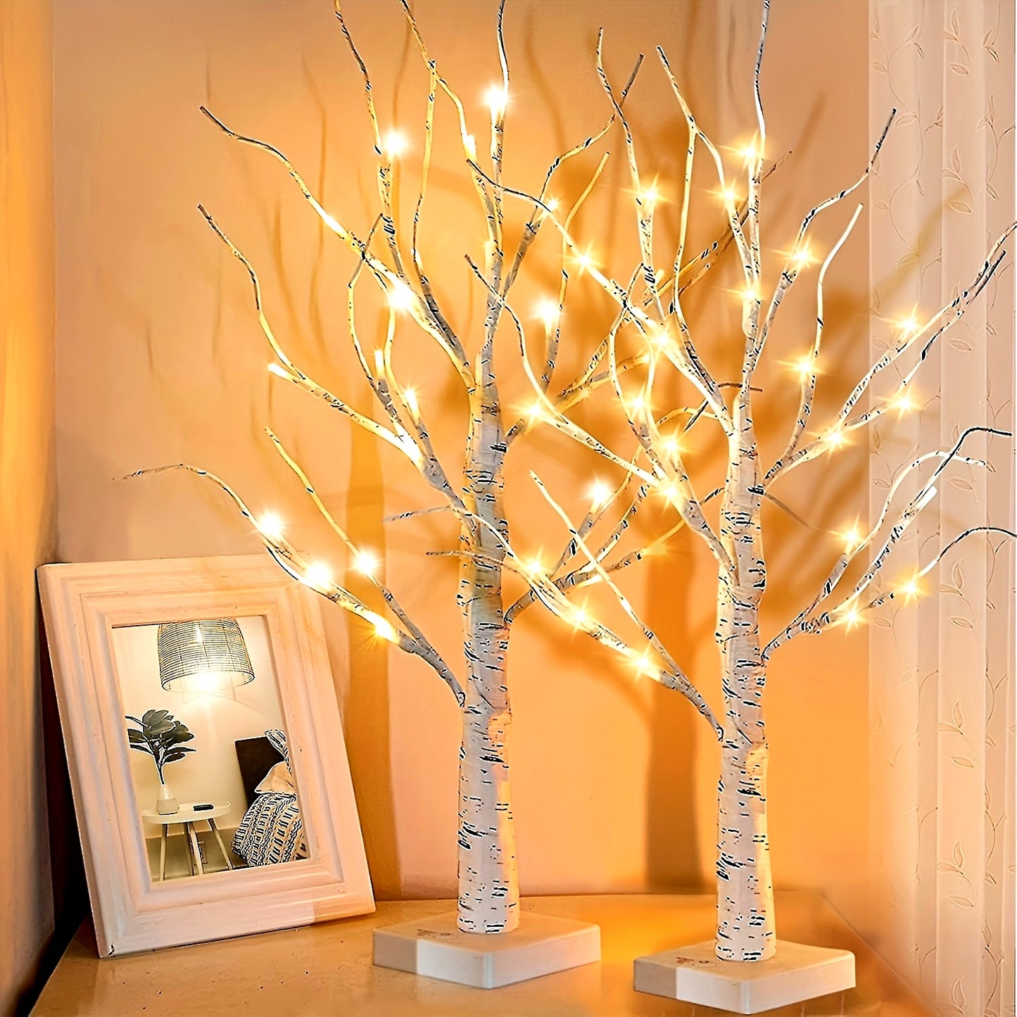 2-Pack LED Birch Tree Lamps - 2ft Tall Lighted Branches for Bedroom, Living Room, Wedding & Home Decor - 24 Warm White LEDs