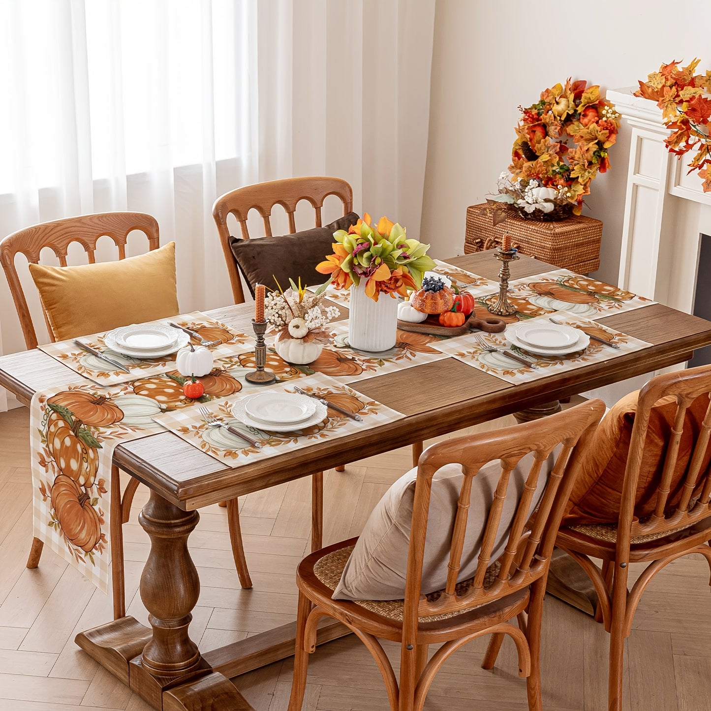 13x72 inches Pumpkin & Leaves Fall Table Runner - Autumn Thanksgiving Harvest Table Decor for Dining Room - Farmhouse Style Party Decoration