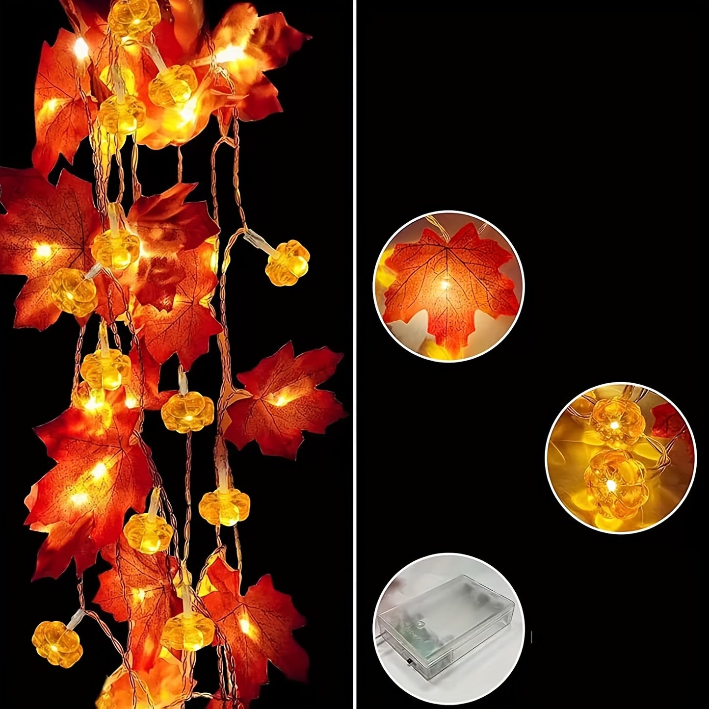 2-Pack Fall Pumpkin Garland Lights - 30ft 60LED Battery Operated String Lights with Realistic Maple Leaves for Thanksgiving & Halloween Decor