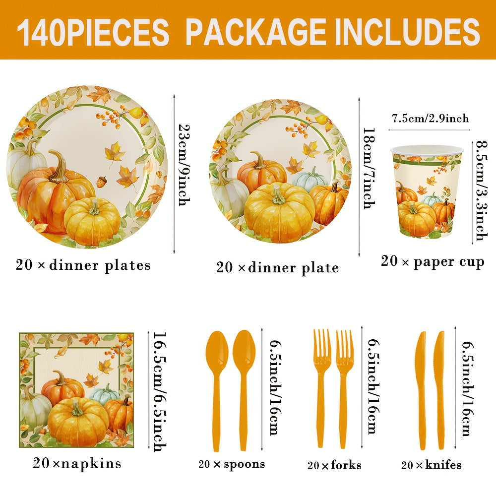 140-Pc Fall Party Tableware Set - Thanksgiving Pumpkin & Maple Leaf Plates, Napkins for 20 Guests - Disposable Dinnerware for Halloween, Autumn Birthday Decor