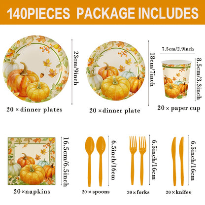 140-Pc Fall Party Tableware Set - Thanksgiving Pumpkin & Maple Leaf Plates, Napkins for 20 Guests - Disposable Dinnerware for Halloween, Autumn Birthday Decor