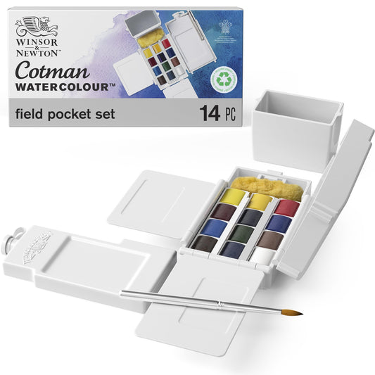 Cotman Watercolor Paint Set, Field Pocket Set, 12 Half Pan w/ Brush, Sponge, Bottle
