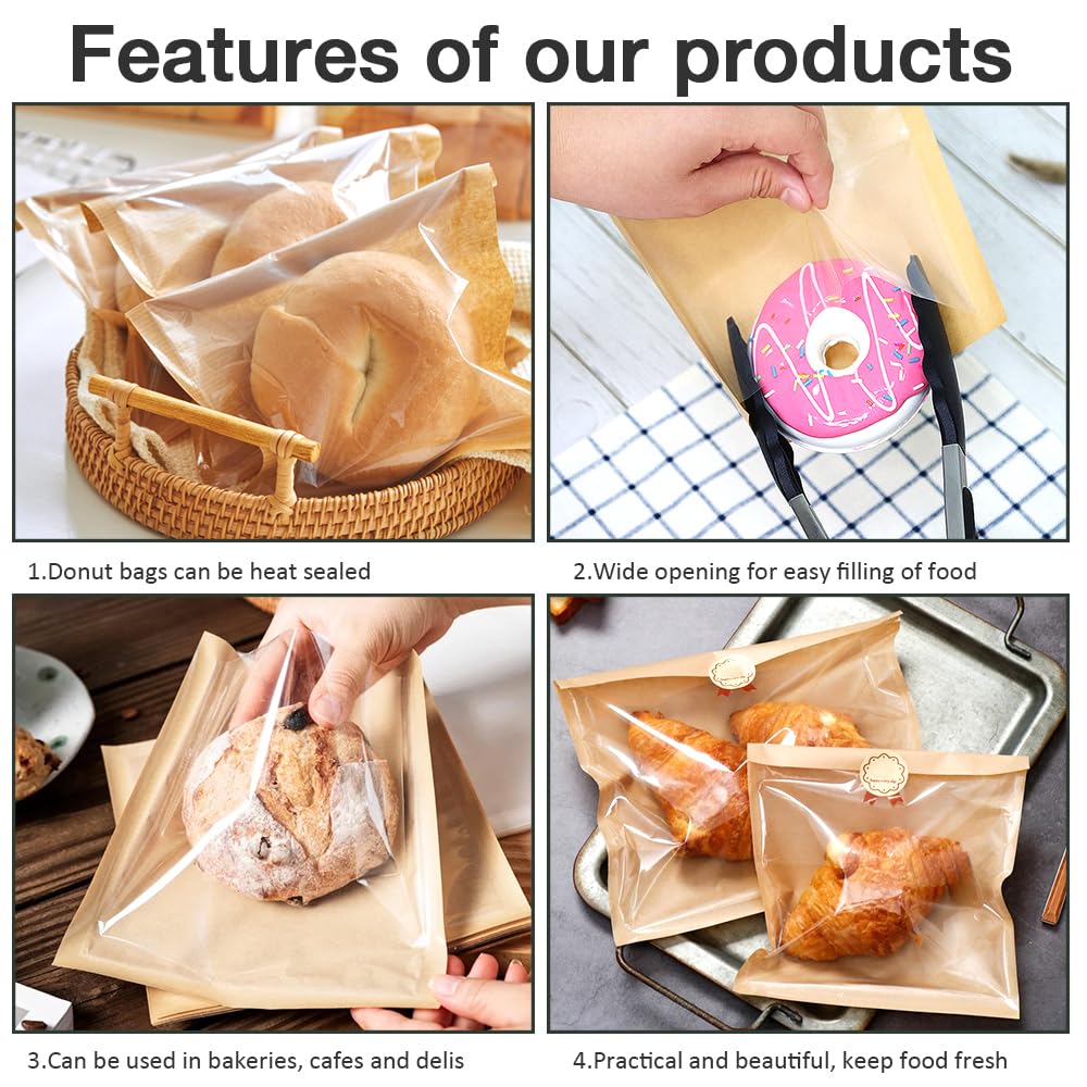 100 Pcs Bakery Bags with Window, 7.1 x 7.5 Inches Paper Sandwich & Donut Bags for Treat, Snack & Cookie Packaging (Brown)