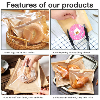 100 Pcs Bakery Bags with Window, 7.1 x 7.5 Inches Paper Sandwich & Donut Bags for Treat, Snack & Cookie Packaging (Brown)