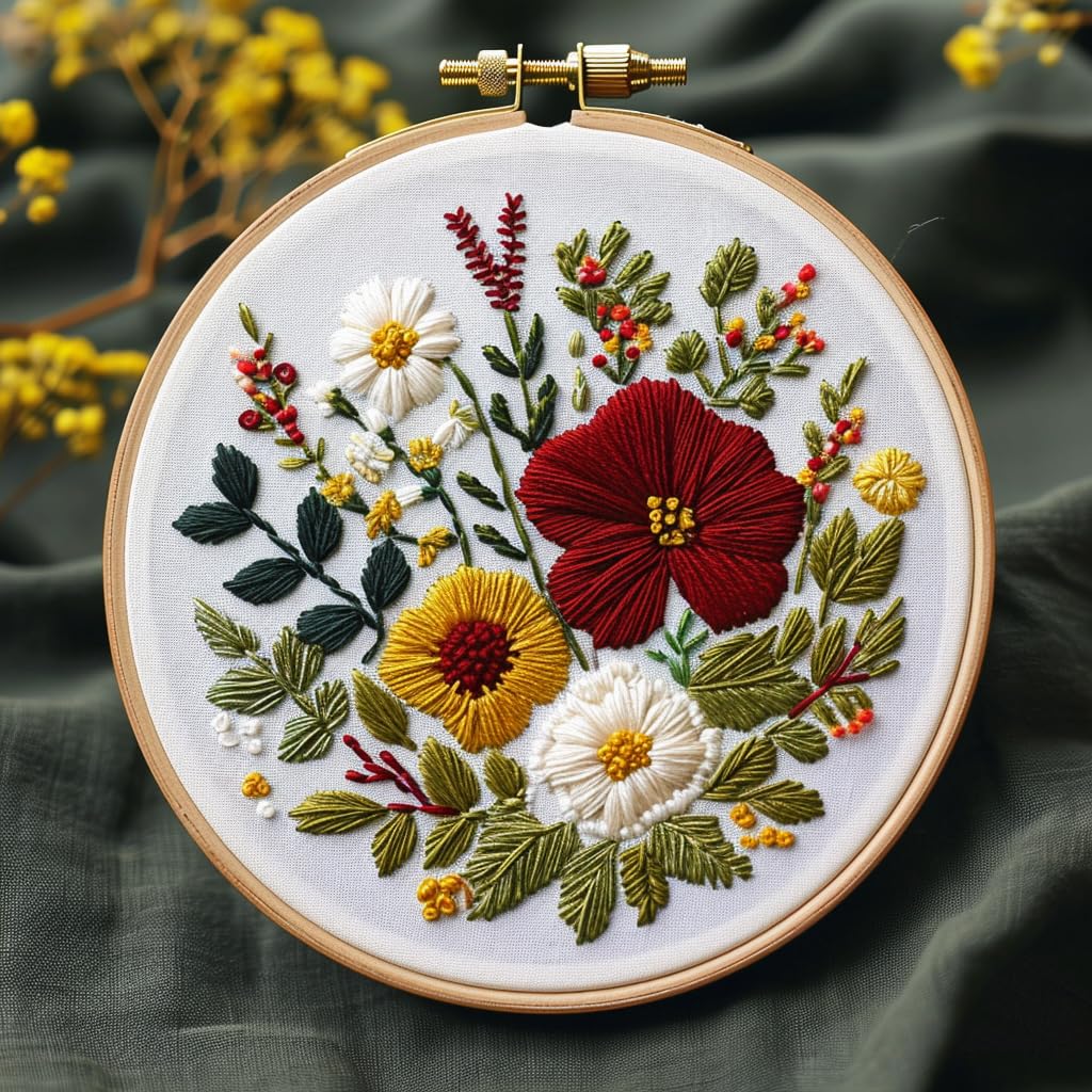 Embroidery Kit for Beginners with Instructions,Cross Stitch Kits for Adults with Pattern,Needlepoint Kits for Adult Include Embroidery Cloth Hoops Needles Threads (flowers2)