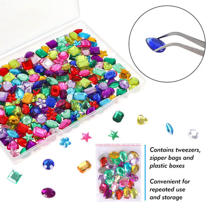360pcs Flatback Rhinestones for Crafting, Gems Jewels for Crafts & Arts, Acrylic Gemstones for Halloween Party Decorations with Tweezers and Storage Box (10-15mm, 9 Shapes)