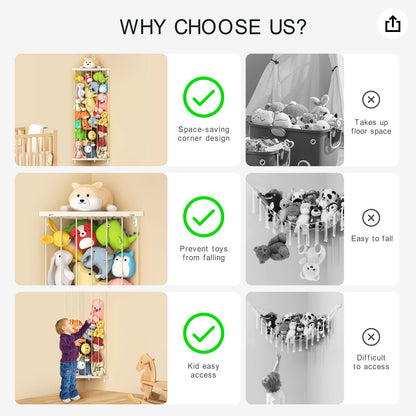 Corner Stuffed Animal Storage Net - Stuffed Animals Holder with Light - Plush Toy Organizer Hanging Stuffed Animal Hammock with Adjustable Length for Kids Room Playroom Bedroom Nursery Decor