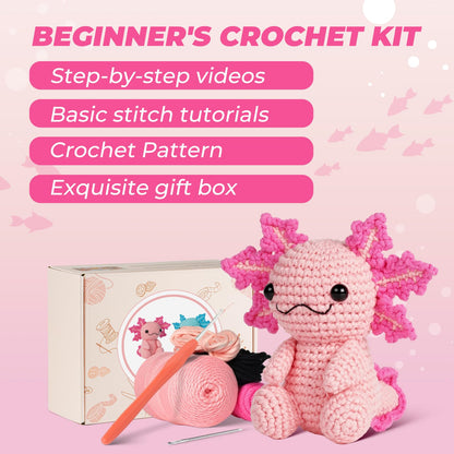 Crochet Kit for Beginners, Crochet Animal Kits,Crocheting Kit for Starters with Step-by-Step Video Tutorials, Beginner Crochet Kit for Adults (Axolotl 1Pack)