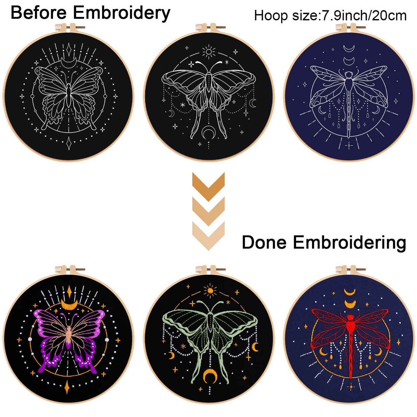 3 Set Tarot Embroidery Kits for Beginners with Moon Butterfly Dragonfly and Moth Pattern,Adults Starter Cross Stitch Kit DIY Needlepoint
