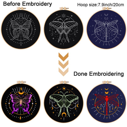 3 Set Tarot Embroidery Kits for Beginners with Moon Butterfly Dragonfly and Moth Pattern,Adults Starter Cross Stitch Kit DIY Needlepoint