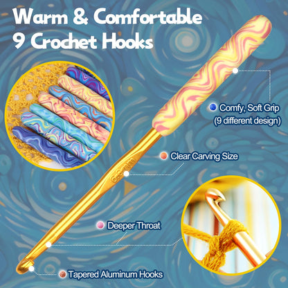 Warm Crochet Hooks Comfort Grip, Pretty Starry Night Art Handle Crochet Set for Beginners, Longer Aluminum Shaft Crochet Hook Set 2.0mm-6.0mm, Smooth Crochet Needles Set for Crochet Yarn