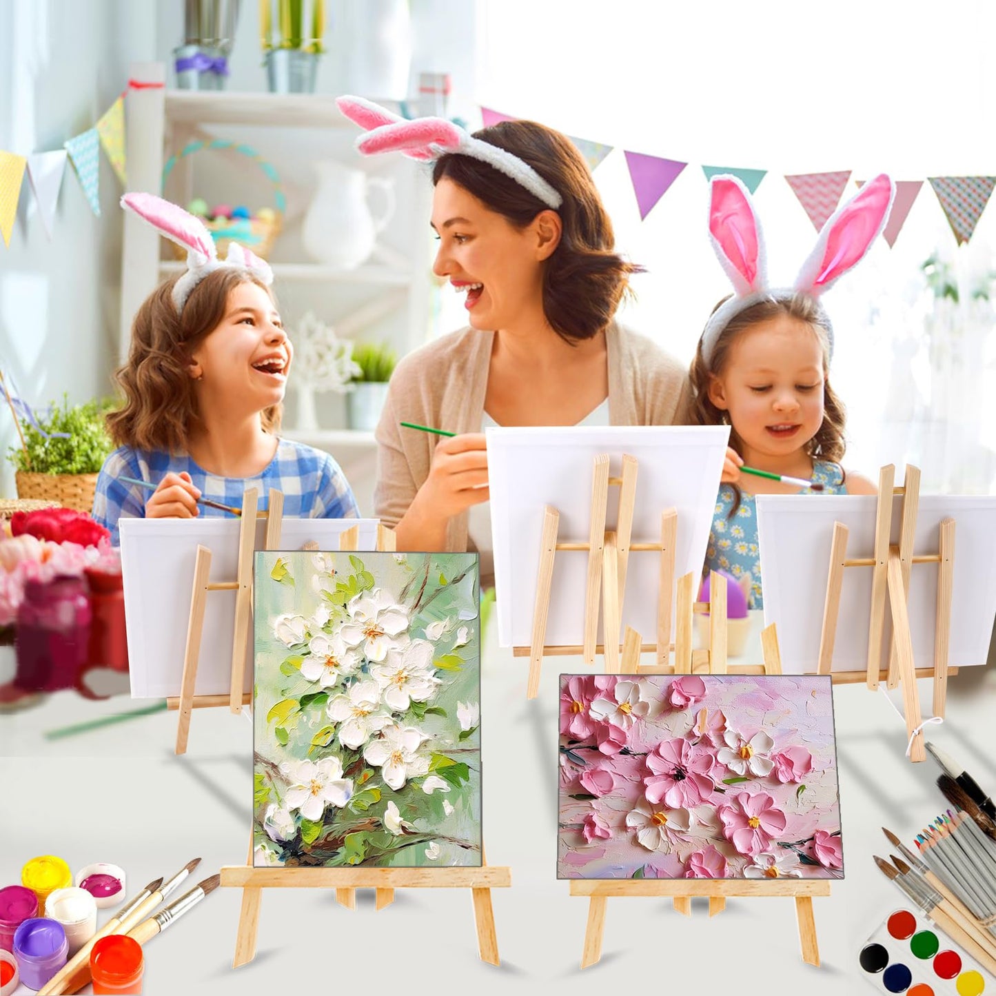 72 PCS Professional Painting Set with Easels, 6 PCS Wood Easels,6 Packs of 60 Brushes with Nylon Brush Head and 6 pcs Palettes, Painting Supplies kit for Kids & Adults to Painting Party.