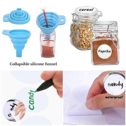 Spice Jars, 12 Pack 4oz Small Glass Jars with Airtight Hinged Lid, With 12 Spice Labels & Silicone Funnels, Airtight Glass Jars for Spices, Art Craft Storage (12 Pack)