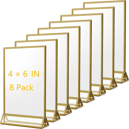 4x6 Acrylic Sign Holders 8 Pack Gold Table Number Holder for Wedding Picture Frame Double Sided Table Menu Stands with Vertical Stand, Photos and Art Display