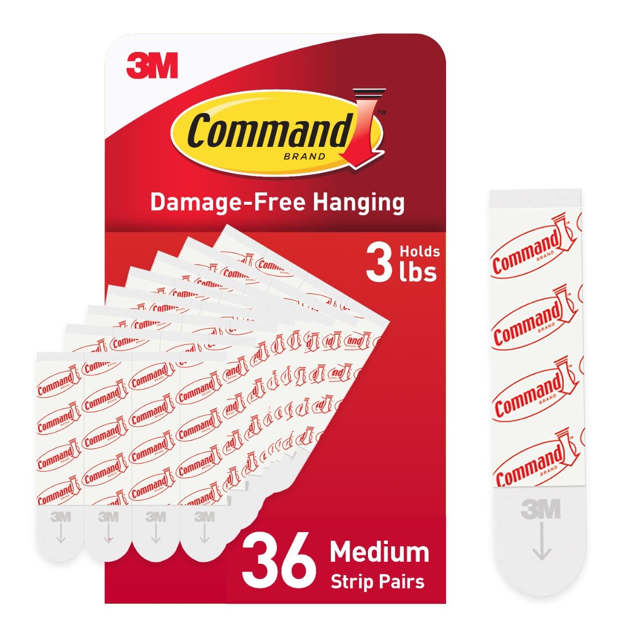 Medium Refill Adhesive Strips, Damage Free Hanging Wall Adhesive Strips for Medium Indoor Wall Hooks, No Tools Removable Adhesive Strips for Living Spaces, 36 White Command Strips