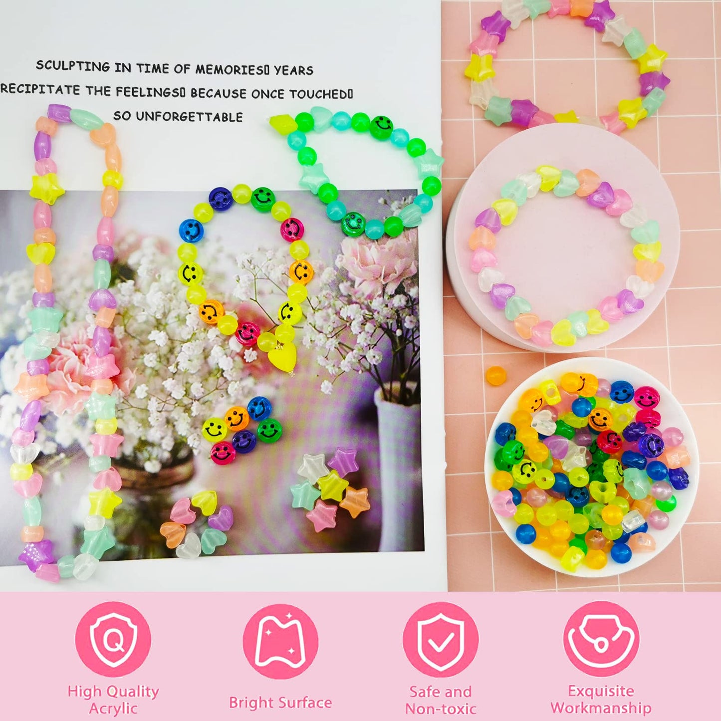 612Pcs Candy Color Acrylic UV Glow in The Dark Beads - Happy Face, Heart, Star Shapes - Color Changing Sun Reactive Plastic Solar Hair Beads Bulk for Bracelet Necklace Jewelry Making