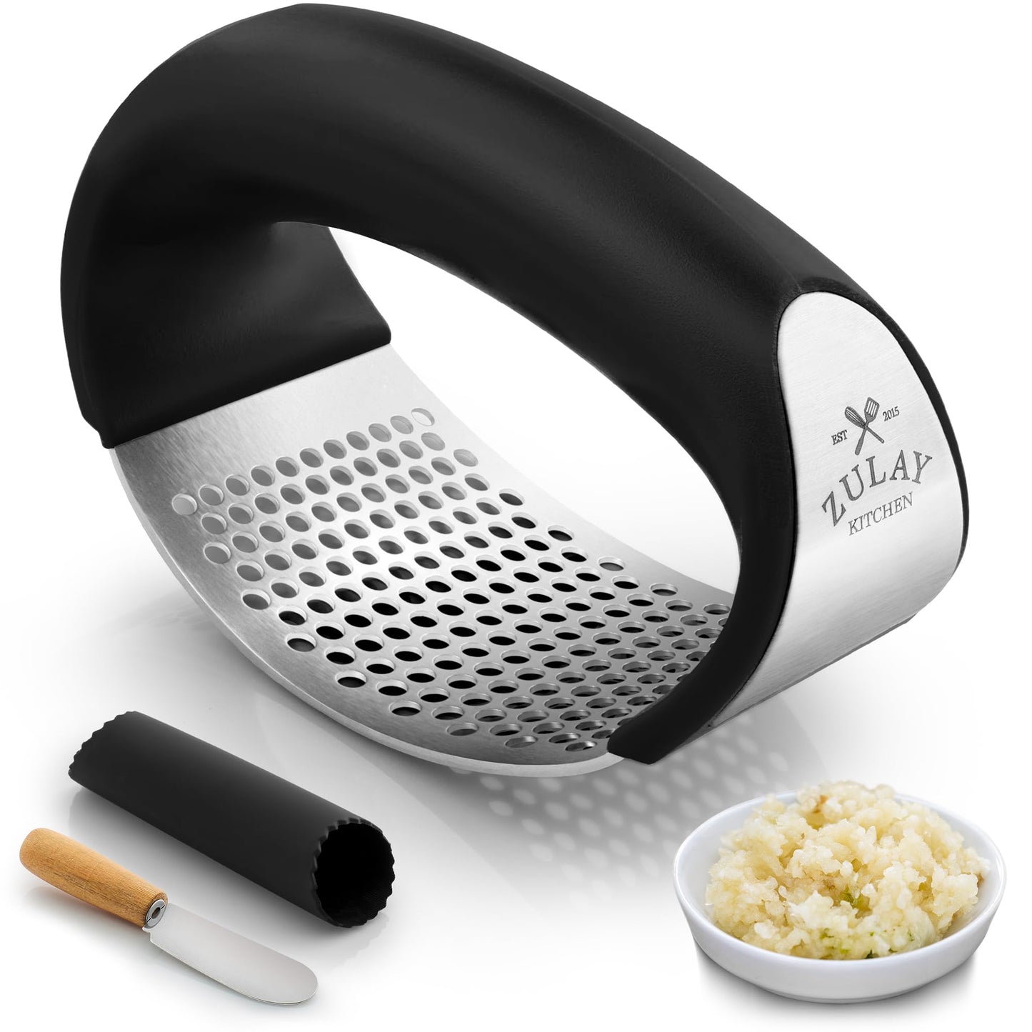 Stainless Steel Garlic Press Rocker Set - Premium Garlic Mincer Garlic Crusher - New Innovative Garlic Crusher with Peeler and Scraper - Comfortable Grip (Black) & Organizer Storage Tote Bag