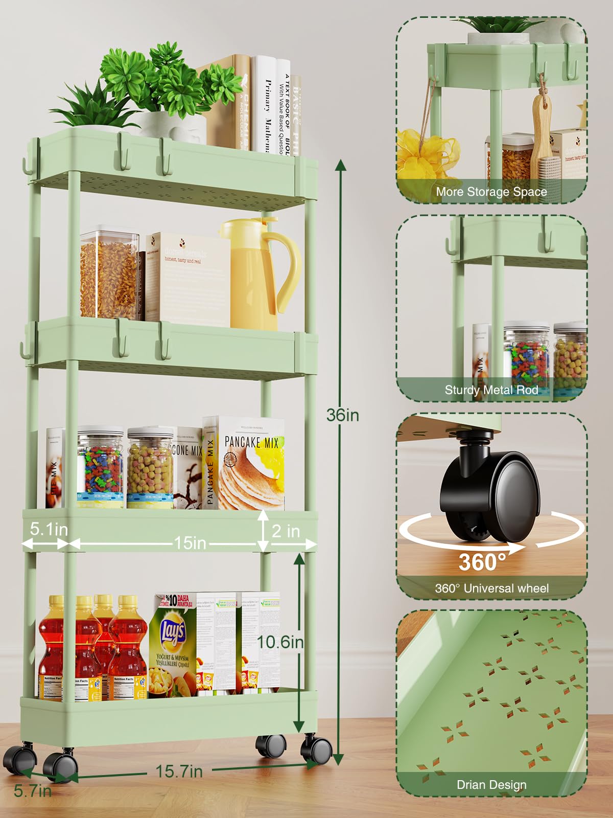 5.1" Slim Storage Cart - 4 Tiers Bathroom Organizer Mobile Shelving Unit Storage Rolling Utility Cart Slide Out Organizer for Kitchen Bathroom Laundry Narrow Places, Green