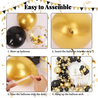 130pcs Black and Gold Balloons, Black Metal Gold and Metallic Confetti Gold Balloons for 2025 Graduation Class Decorations Retiremen Party Baby Shower Wedding Birthday Anniversary