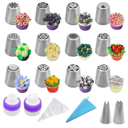 Russian Flower Piping Tips Set - 47 Pcs Cake & Cupcake Decorating Kit - 12 Icing Nozzles, 2 Leaf Tips, 30 Pastry Bags, 1 EVA Bag, 2 Couplers