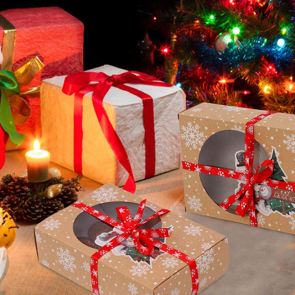 12 Packs Christmas Cookie Boxes with Window, Food Grade Kraft Bakery Boxes with Oilpaper and Ribbons, Cupcake Boxes for Holiday Gift Giving, Christmas Party Favors, Fits 12 Cookies or Cakes